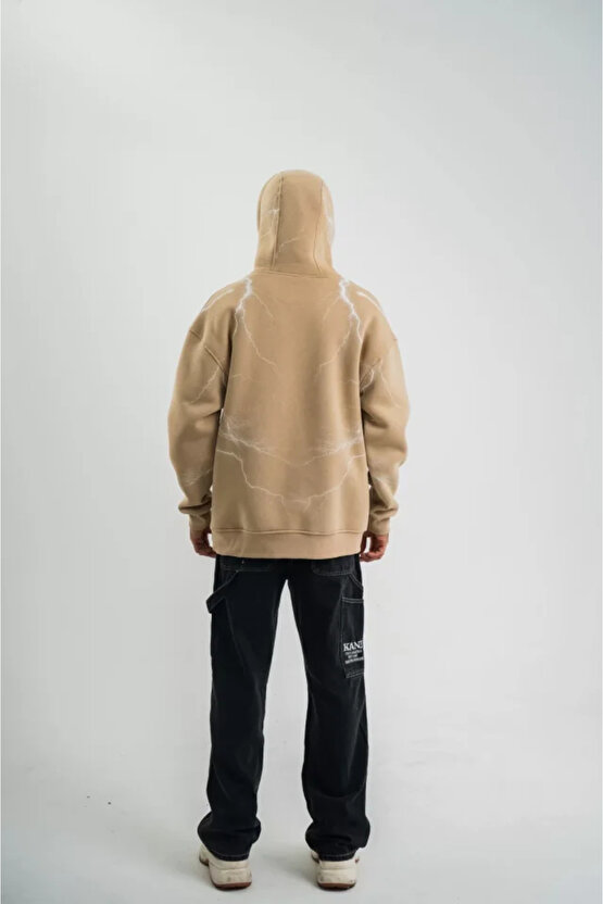 eyesof Double Oversize Kapşonlu Şimşek Pano Baskılı SweatShirt - Bej