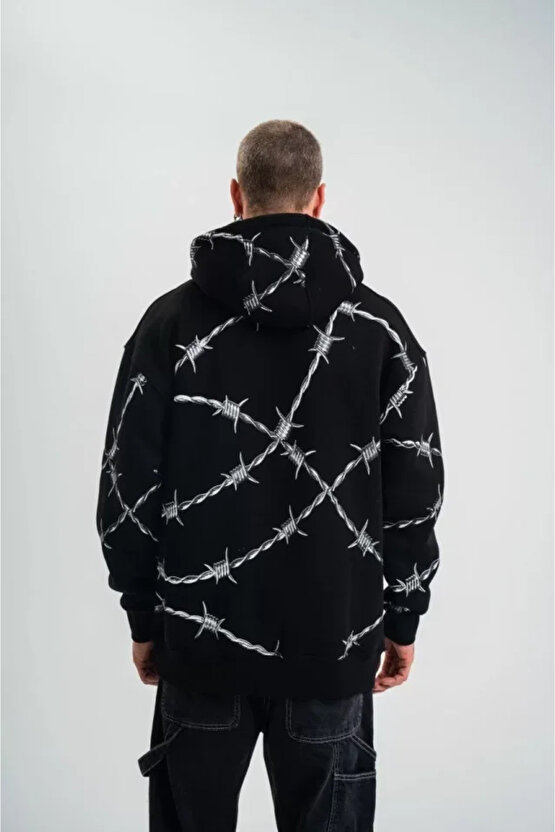 Unisex Kapşonlu Varak ve Pano Baskılı SweatShirt- Siyah -VLMR