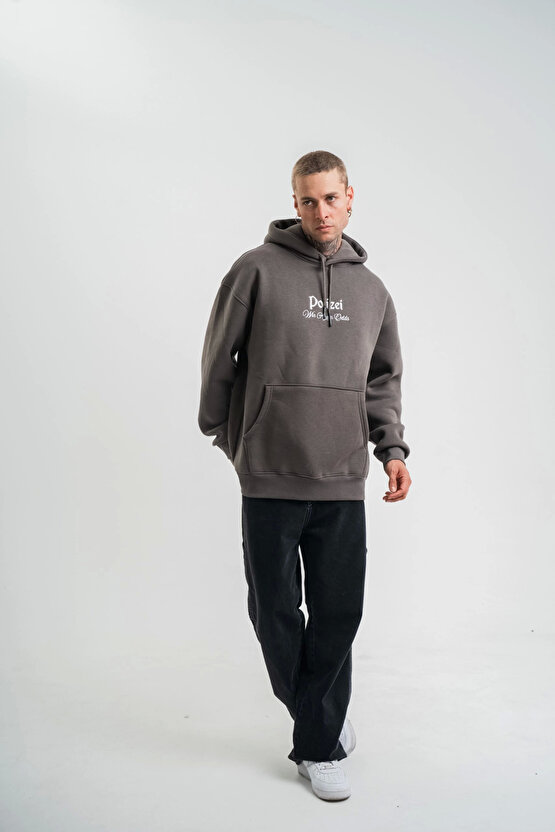 Velmorafa Üç İplik Kapşonlu Dijital Patchli SweatShirt - Füme -