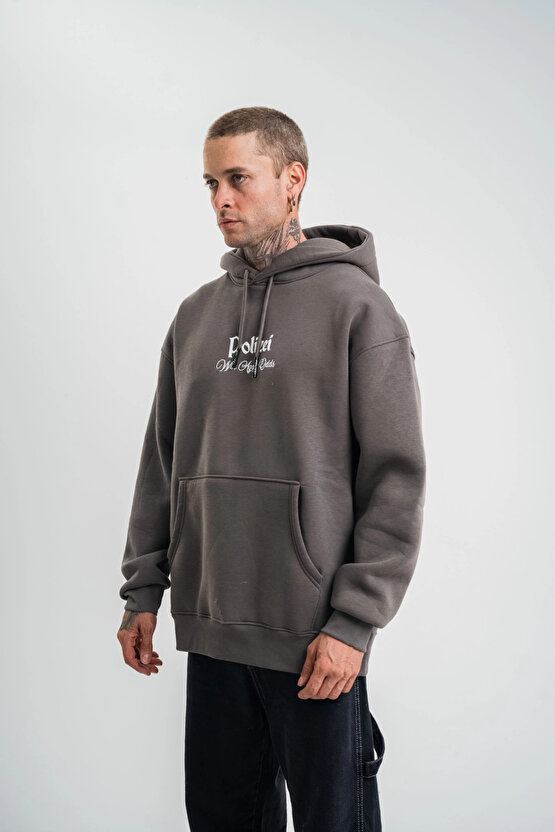 Velmorafa Üç İplik Kapşonlu Dijital Patchli SweatShirt - Füme -