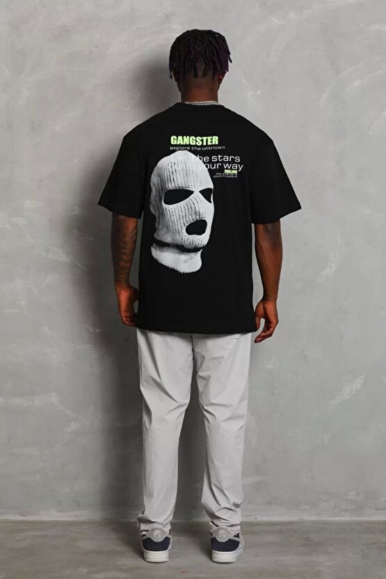 Unisex Oversize Baskılı Bisiklet Yaka T-Shirt - Siyah