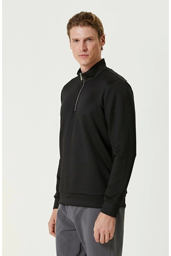 Unisex Uzun Kol Yarım Farmuarlı Yakalı Basic SweatShirt - Siyah