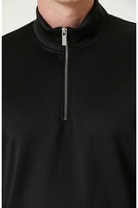 Unisex Uzun Kol Yarım Farmuarlı Yakalı Basic SweatShirt - Siyah