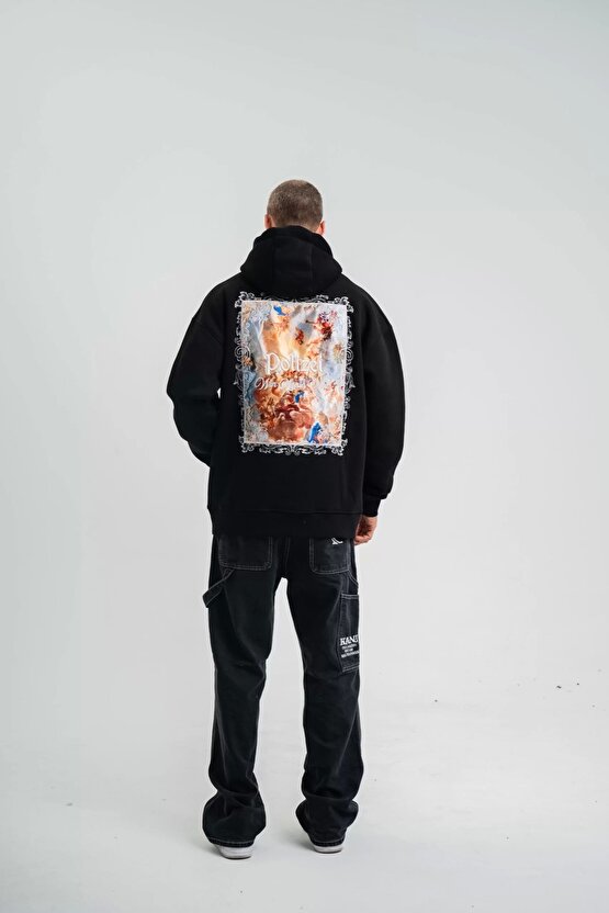 Üç İplik Kapşonlu Dijital Patchli SweatShirt - Siyah