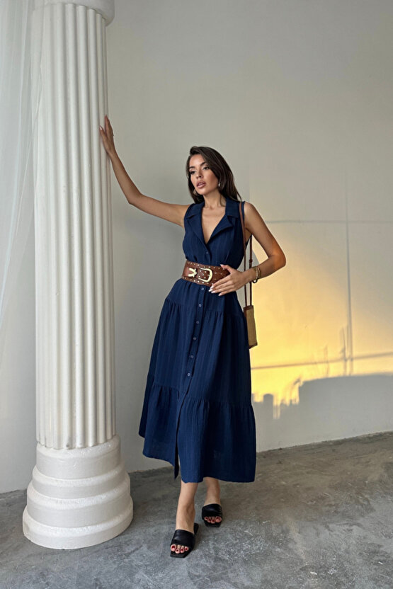 Gökyüzü Moda MÜSLİN ELBİSE GÖMLEK YAKA KOLSUZ ÖNDEN DÜĞMELİ - Lacivert