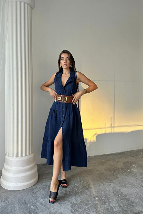 Gökyüzü Moda MÜSLİN ELBİSE GÖMLEK YAKA KOLSUZ ÖNDEN DÜĞMELİ - Lacivert