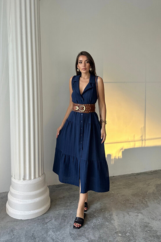 Gökyüzü Moda MÜSLİN ELBİSE GÖMLEK YAKA KOLSUZ ÖNDEN DÜĞMELİ - Lacivert