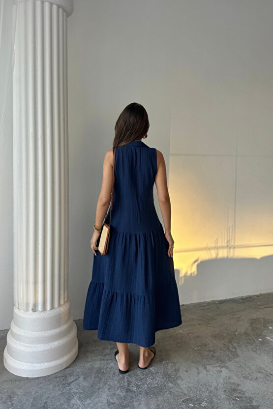 Gökyüzü Moda MÜSLİN ELBİSE GÖMLEK YAKA KOLSUZ ÖNDEN DÜĞMELİ - Lacivert