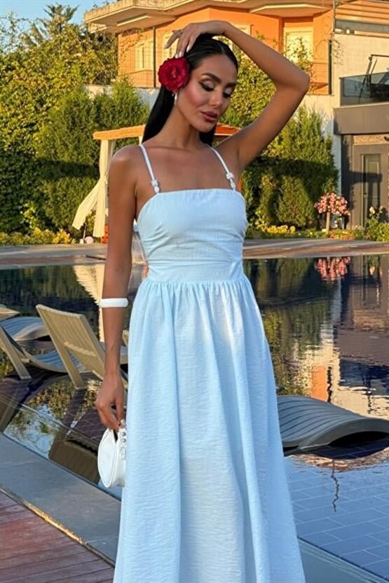 Gökyüzü Moda Sırtı Çapraz İpli Boncuk Detaylı Elbise 2902-08