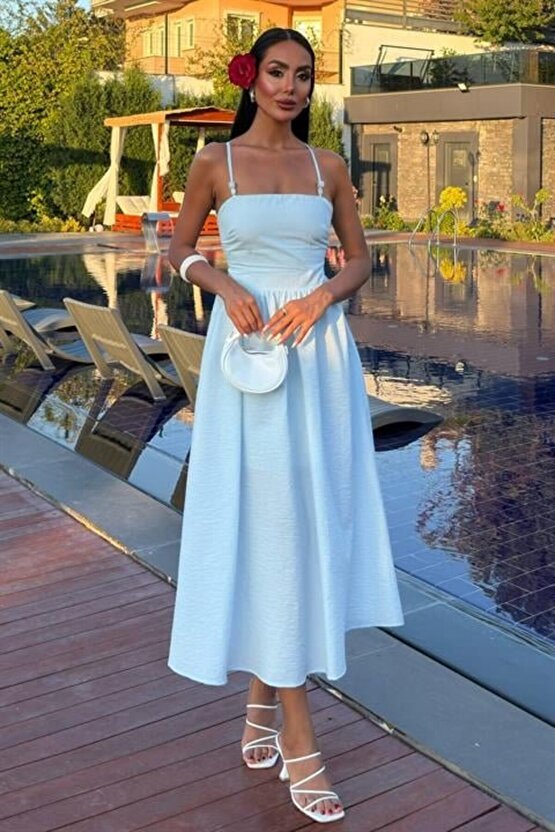 Gökyüzü Moda Sırtı Çapraz İpli Boncuk Detaylı Elbise 2902-08