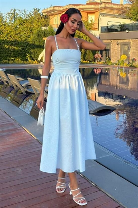 Gökyüzü Moda Sırtı Çapraz İpli Boncuk Detaylı Elbise 2902-08