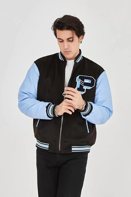 eyesof Erkek İçten Elyaf Ve Astarlı Kolları Suni Deri Ceket - Mavi