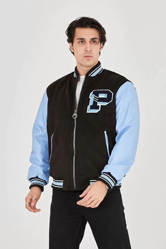 eyesof Erkek İçten Elyaf Ve Astarlı Kolları Suni Deri Ceket - Mavi