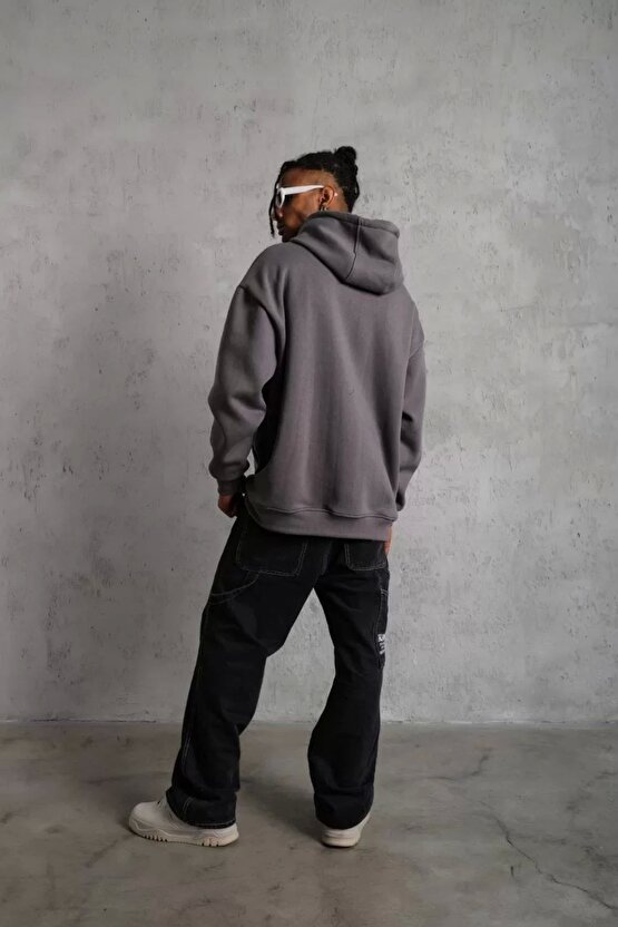 Erkek Düz Kapüşonlu Sweat - Gri