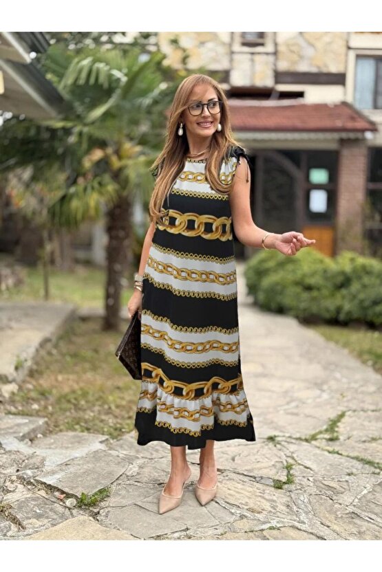 Gökyüzü Moda Kadın Omuzlardan Büzgülü Kayık Yaka Fırfırlı Janjan Krep Elbise