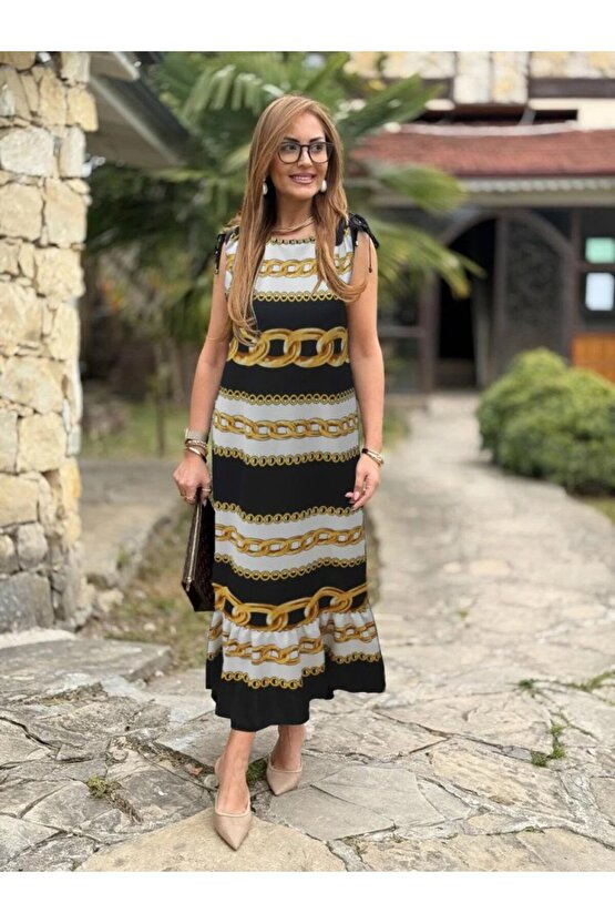 Gökyüzü Moda Kadın Omuzlardan Büzgülü Kayık Yaka Fırfırlı Janjan Krep Elbise