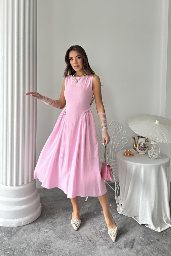 Gökyüzü Moda Pembe Yanları Büzgülü Midi Boy Keten Elbise