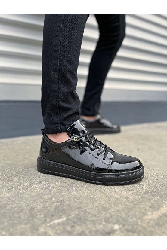 JY152 Cool Bağcıklı Rugan Erkek Günlük Spor Klasik Ayakkabı RST - Siyah