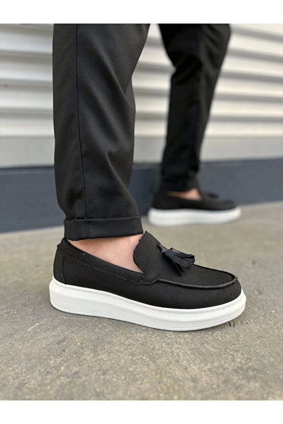 JY154 Blaze Bağcıksız Püsküllü Keten Erkek Günlük Spor Klasik Ayakkabı KBT - Siyah
