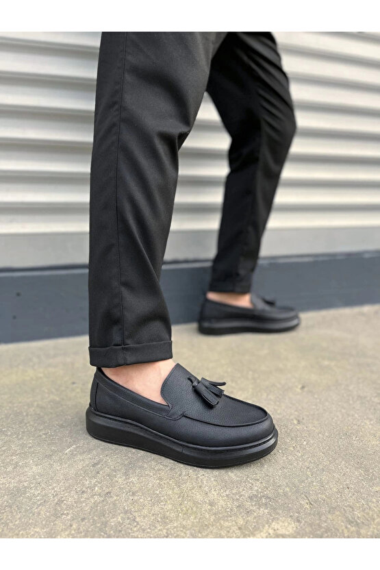 JY154 Blaze Bağcıksız Püsküllü Cilt Erkek Günlük Spor Klasik Ayakkabı CST - Siyah