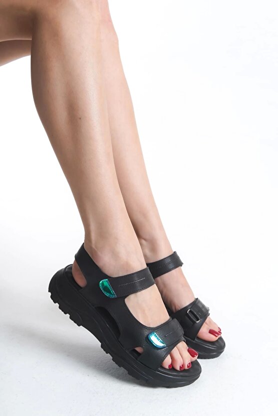 LAMIA Cırt Cırtlı Ortopedik Taban Kadın Sandalet CST - Siyah