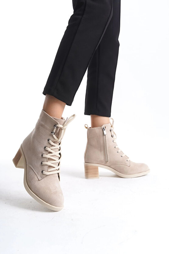 LENA Bağcıklı Fermuarlı Ortopedik Taban Topuklu Süet Kadın Bot - Ten