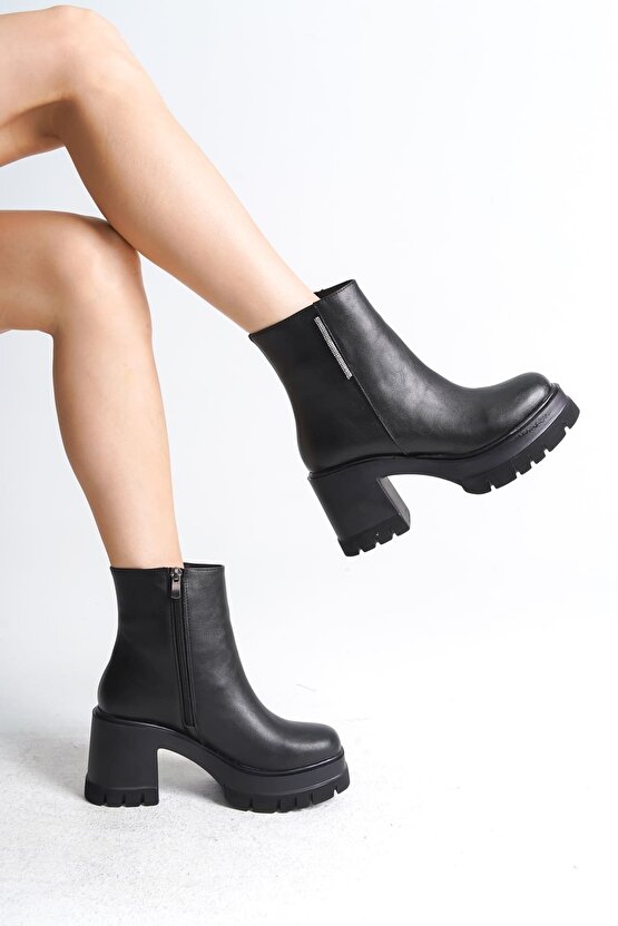 LISSE Fermuarlı Ortopedik Taban Kalın Topuklu Kadın Bot CST - Siyah