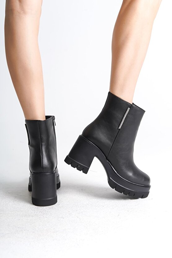 LISSE Fermuarlı Ortopedik Taban Kalın Topuklu Kadın Bot CST - Siyah