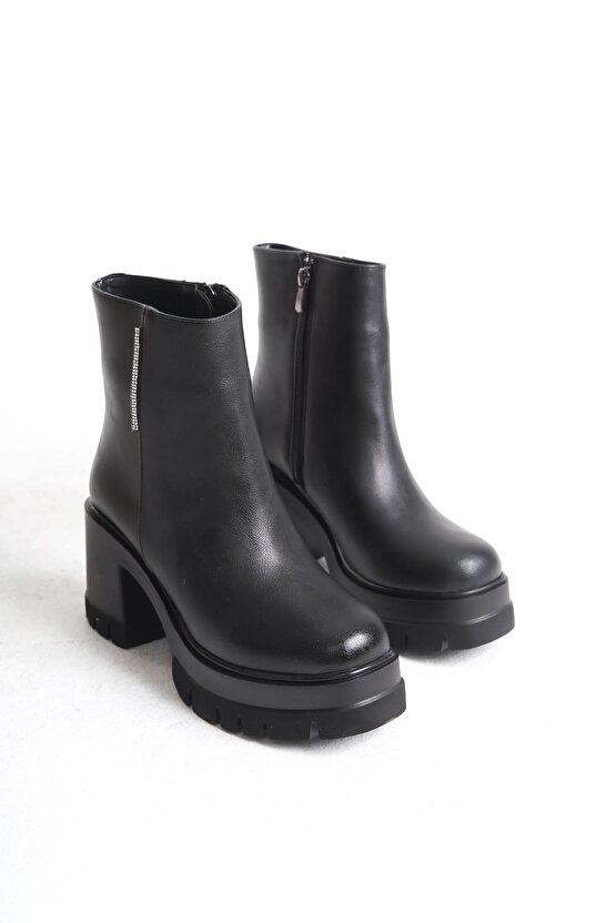 LISSE Fermuarlı Ortopedik Taban Kalın Topuklu Kadın Bot CST - Siyah