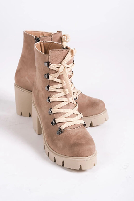 EMMA Bağcıklı Fermuarlı Ortopedik Taban Topuklu Süet Kadın Bot - Ten