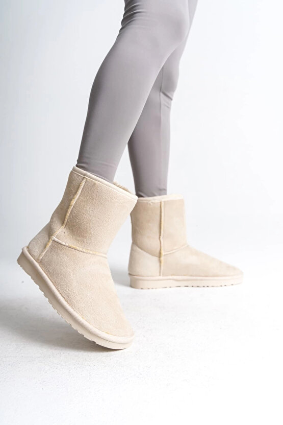 SELINA Bağcıksız Düz Taban İçi Kürklü Süet Kadın Bot SKT - Krem