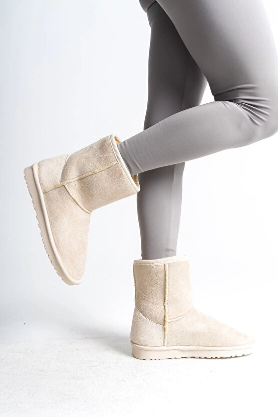 SELINA Bağcıksız Düz Taban İçi Kürklü Süet Kadın Bot SKT - Krem