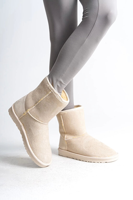 SELINA Bağcıksız Düz Taban İçi Kürklü Süet Kadın Bot SKT - Krem