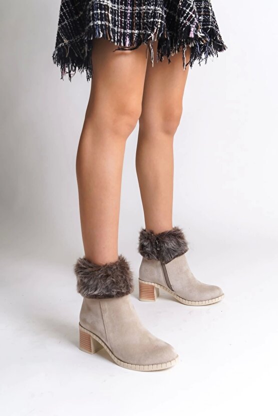 JULIA Fermuarlı Ortopedik Taban Tüylü Topuklu Süet Kadın Bot SKT - Krem