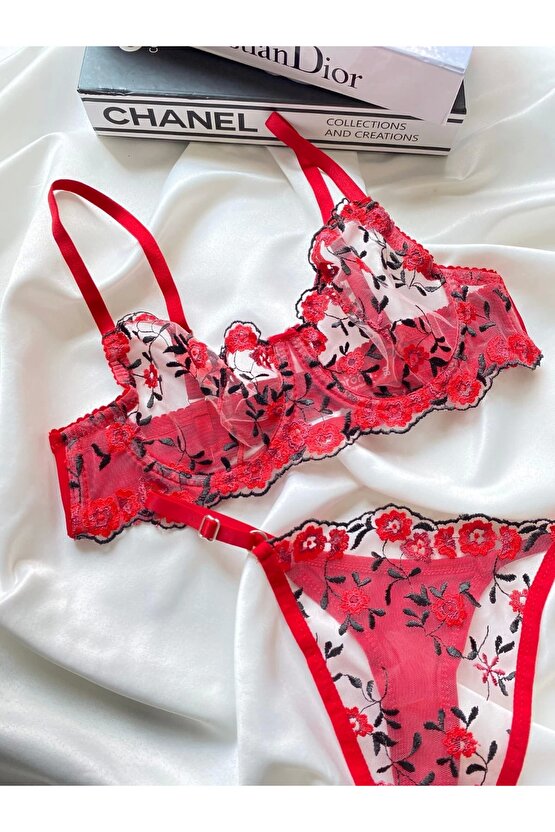 brode dantel kırmızı gul nakış