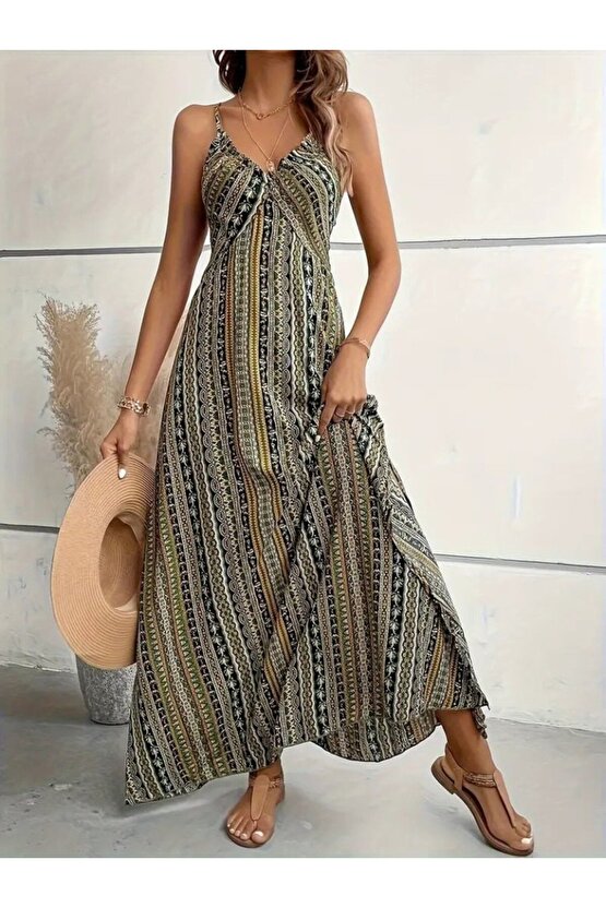 Kadın Ip Askılı Sırttan çapraz Detaylı Yırtmaçlı Desenli Süprem Elbise