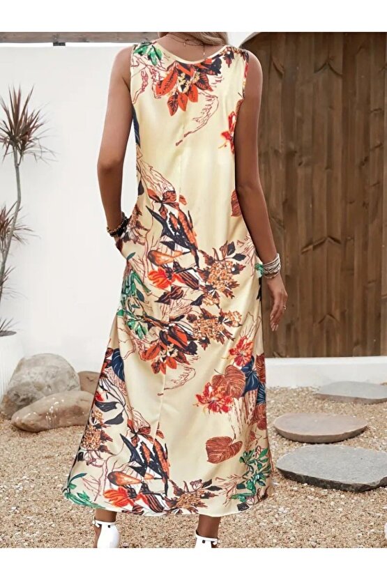 Gökyüzü Moda Kadın Askılı Yuvarlak Yaka Cepli Desenli Süprem Elbise