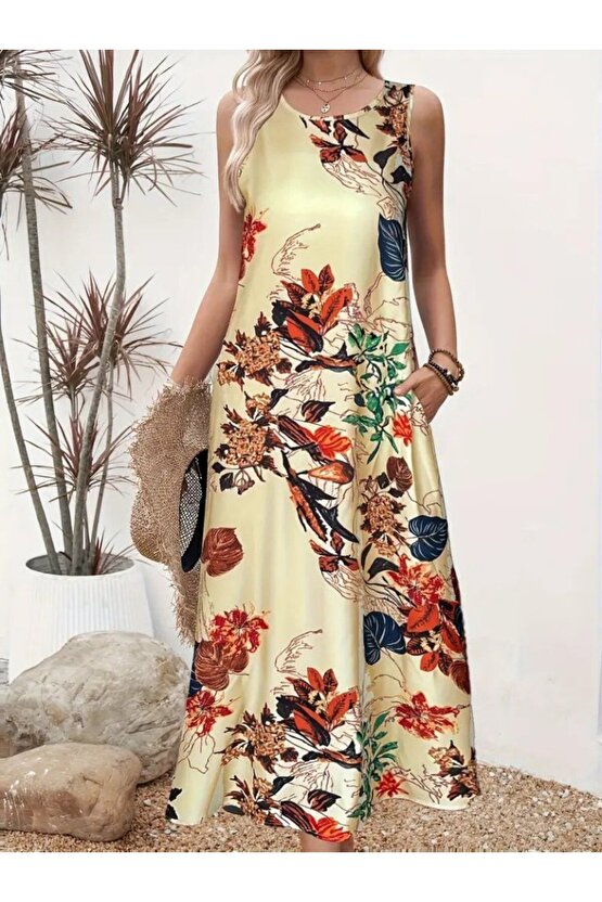 Gökyüzü Moda Kadın Askılı Yuvarlak Yaka Cepli Desenli Süprem Elbise