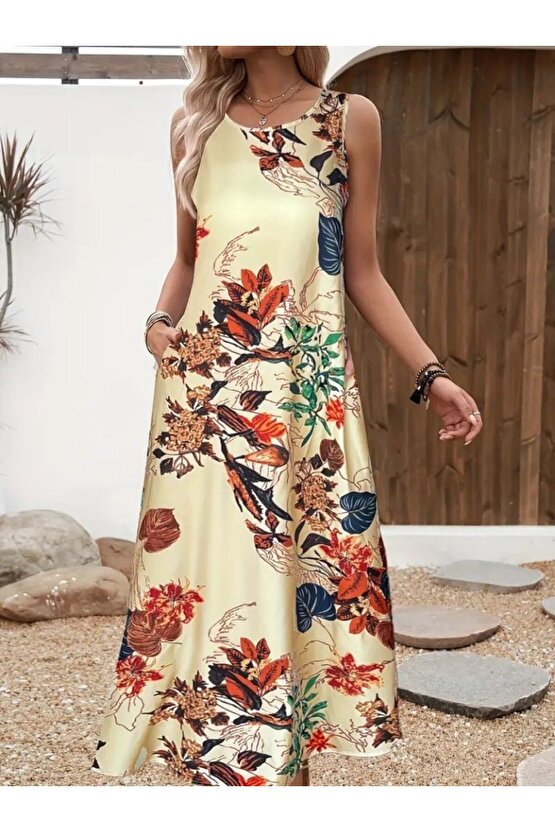 Gökyüzü Moda Kadın Askılı Yuvarlak Yaka Cepli Desenli Süprem Elbise