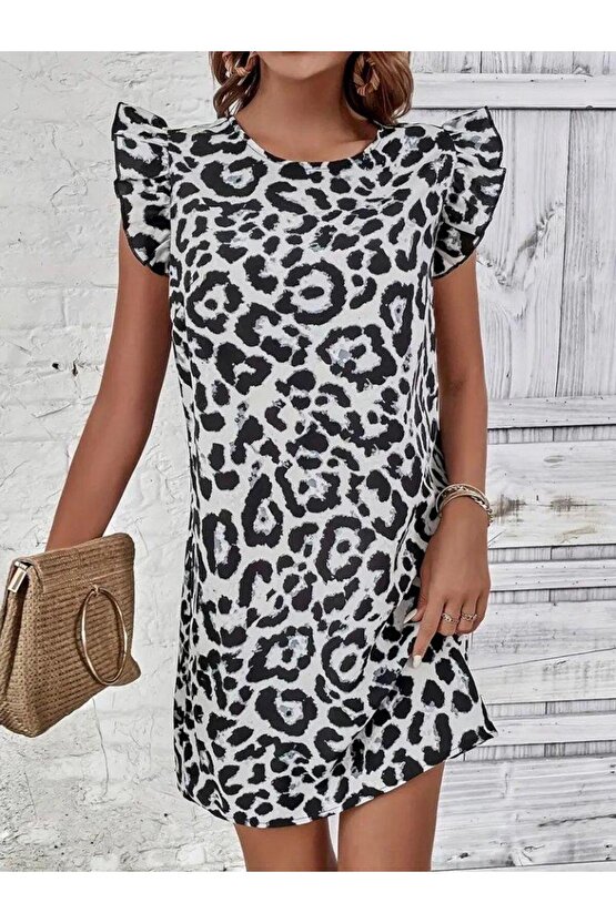 Kadın Kısa Kollu Kolları Fırfır Detay Arkası Bağlamalı Leopar Desen Kolsuz Mini Mikro Elbise
