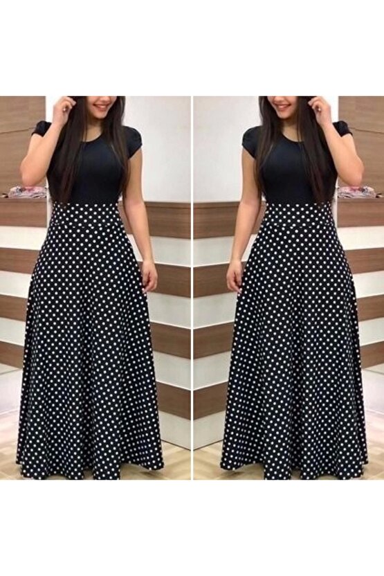 Kadın Kısa Kollu Puan Desen Tam Boy Krep Elbise