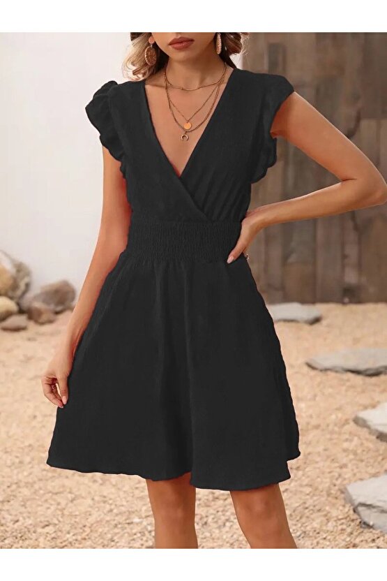 Gökyüzü Moda Kadın Kısa Kollu Kruvaze Yakalı Beli Lastikli Aerobin Elbise