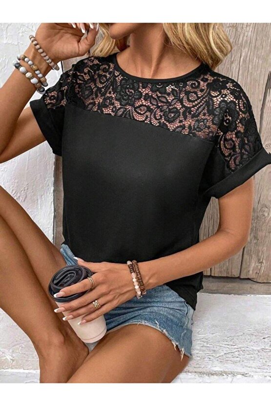 Kadın Kısa Kollu Bisiklet Yaka Dantel Detaylı Viskon Bluz