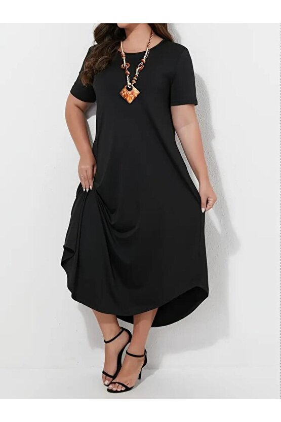 Kadın Kısa Kollu Bisiklet Yaka Cepli Salaş Viskon Elbise