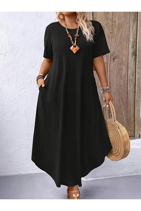 Kadın Kısa Kollu Bisiklet Yaka Cepli Salaş Viskon Elbise