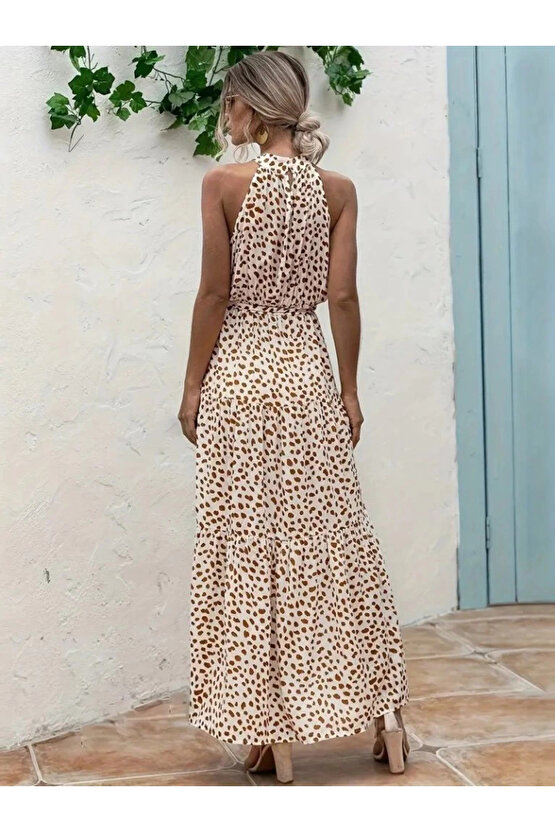 Kadın Daire Yakalı Beli Lastikli Desenli Süprem Elbise