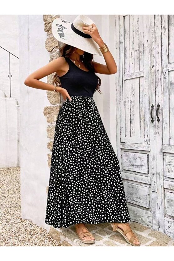 Gökyüzü Moda Kadın Askılı Yuvarlak Yaka üst Viskon Alt Desenli Bürümcük Elbise