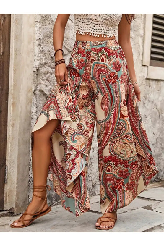 Gökyüzü Moda Kadın Yüksek Bel Beli Lastikli Desenli Geniş Paçalı Süprem Pantolon