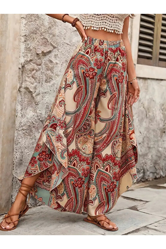 Gökyüzü Moda Kadın Yüksek Bel Beli Lastikli Desenli Geniş Paçalı Süprem Pantolon