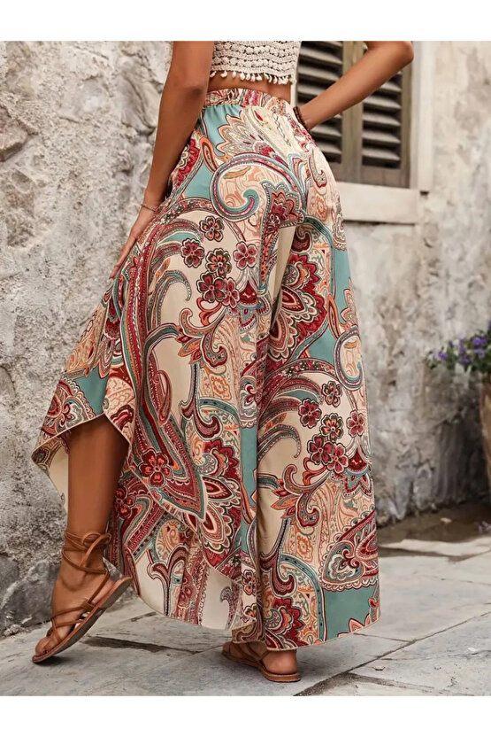 Gökyüzü Moda Kadın Yüksek Bel Beli Lastikli Desenli Geniş Paçalı Süprem Pantolon